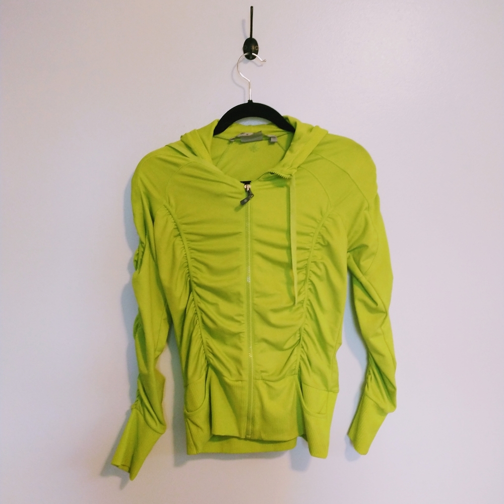 Athleta lime green ruched athletic zip up jacket with hood size xs. Has some lig